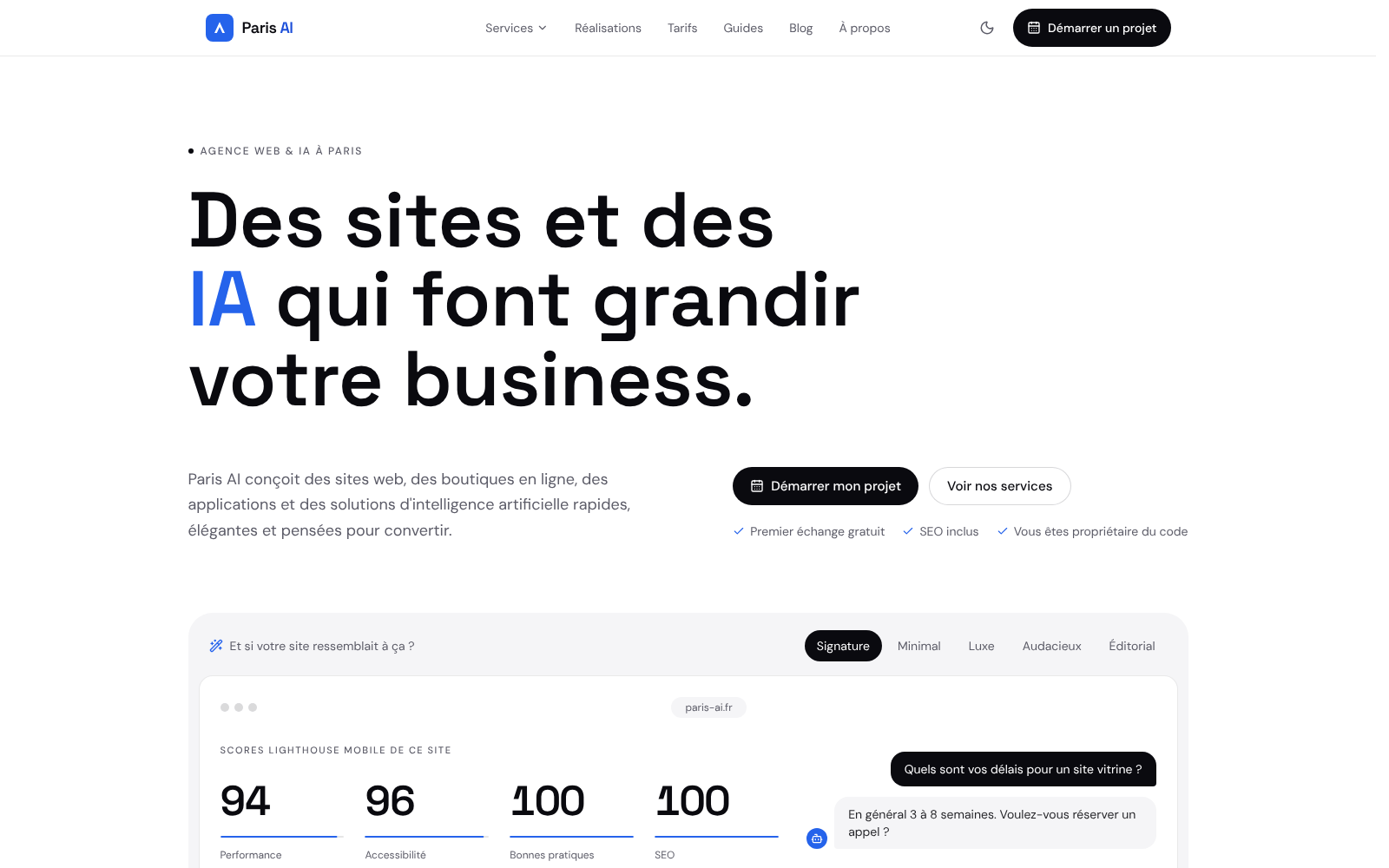 Page d'accueil du site Paris AI : titre « Des sites et des IA qui font grandir votre business » sur fond blanc, « IA » en bleu