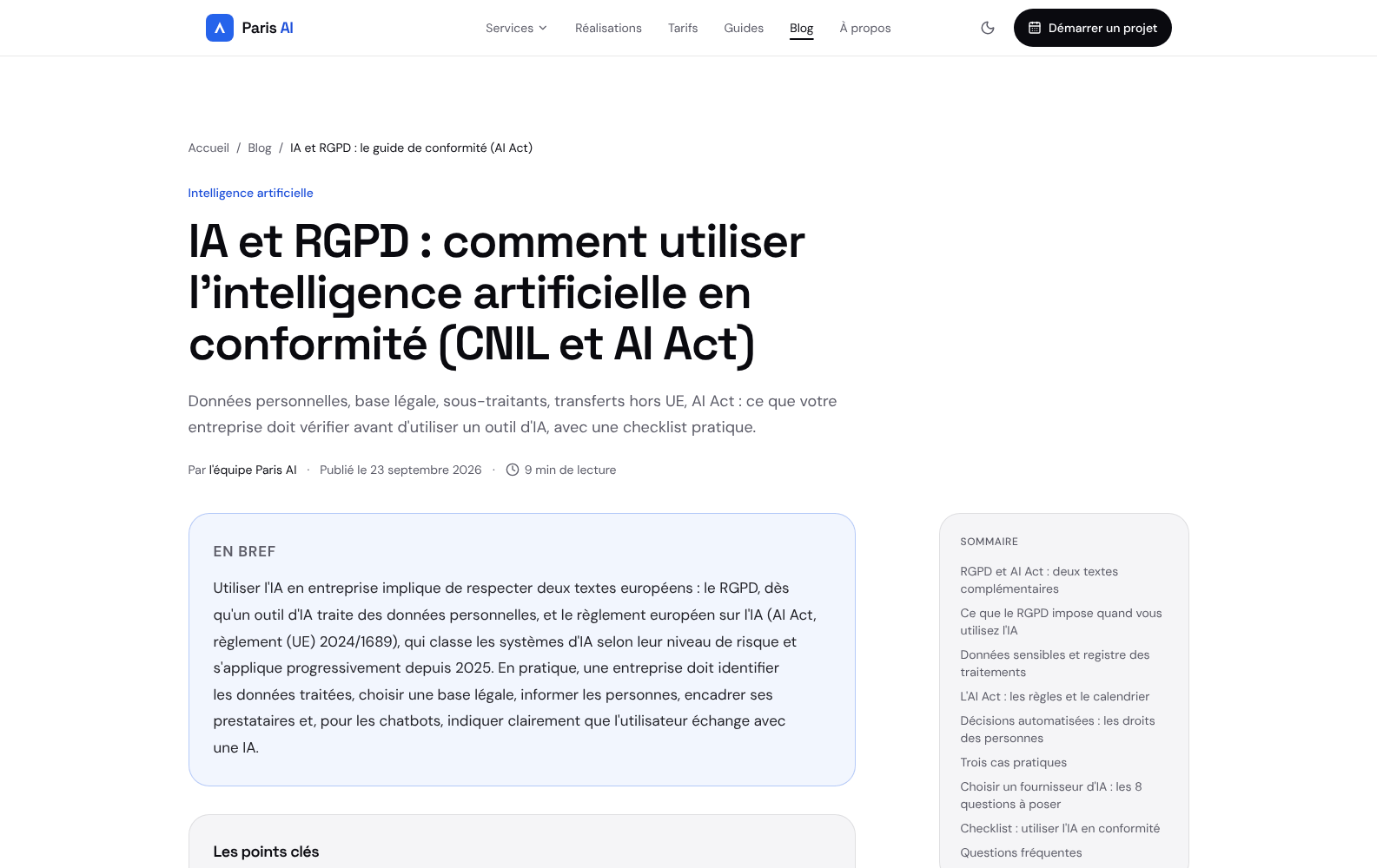 Article de blog « IA et RGPD » avec sommaire latéral