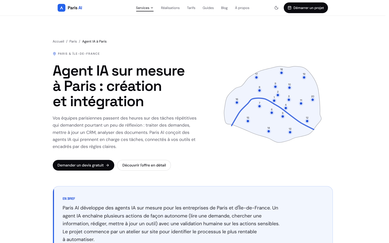 Page locale « Création d'agent IA à Paris » avec la carte des 20 arrondissements