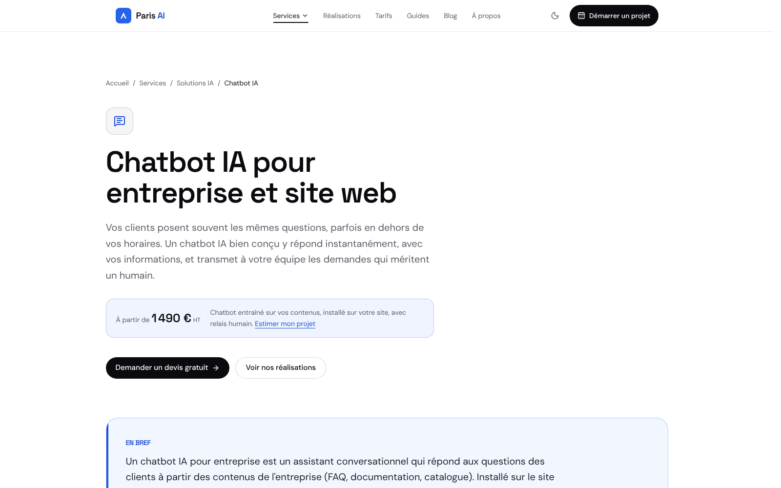 Page de service « Chatbot IA pour entreprise » avec son encadré En bref